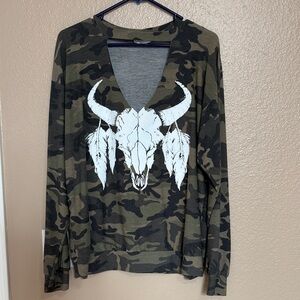 Fantastic Fawn Camouflage Long Sleeve with Skull and Feathers